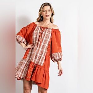 Easel Rust Plaid and Floral Dress NWT
